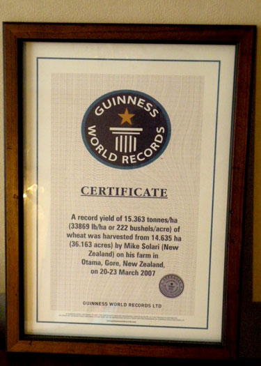 Guinness World Record plaque for highest wheat yield. Mike Solari, New Zealand.